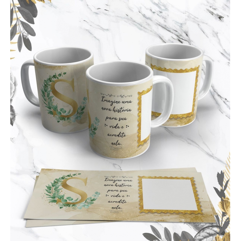 Caneca Personalizada Alfabeto Dourado com Folhas (Foto) (S)