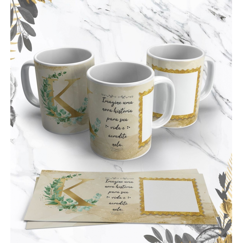 Caneca Personalizada Alfabeto Dourado com Folhas (Foto) (K)