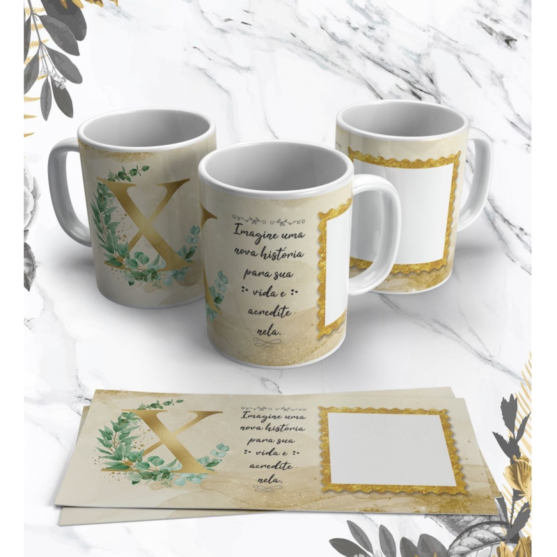 Caneca Personalizada Alfabeto Dourado com Folhas (Foto) (X)