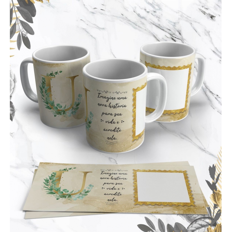 Caneca Personalizada Alfabeto Dourado com Folhas (Foto) (U)