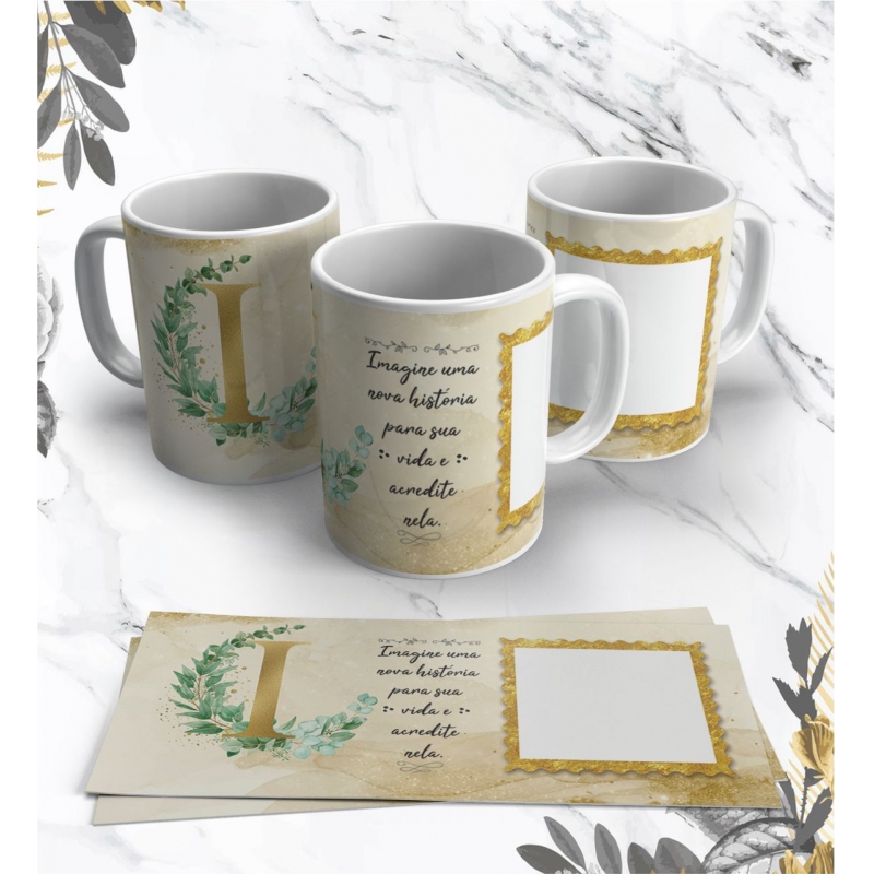 Caneca Personalizada Alfabeto Dourado com Folhas (Foto) (I)