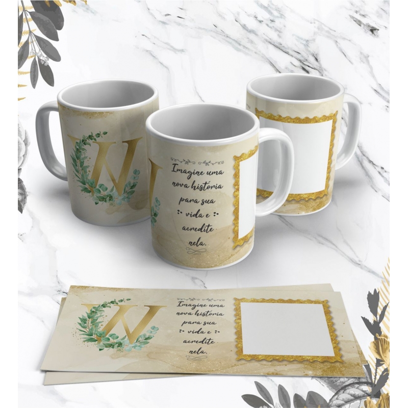 Caneca Personalizada Alfabeto Dourado com Folhas (Foto) (W)