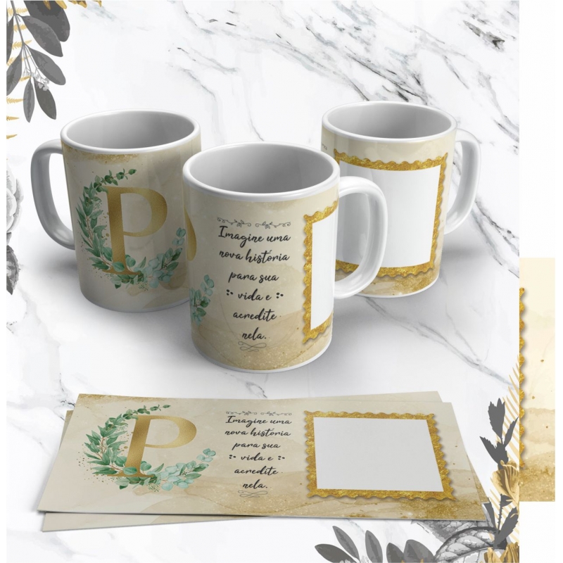 Caneca Personalizada Alfabeto Dourado com Folhas (Foto) (P)