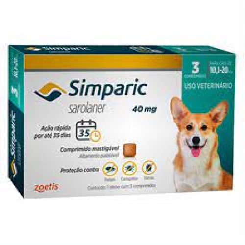 Anti Pulgas e Carrapatos SIMPARIC 40mg caes 10,1 a 20kg com 