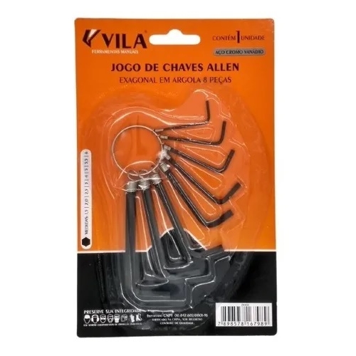 JOGO CHAVE HEXAGONAL/ALLEN CRV 1,5 A 6MM 8 PCS ARGOLA BLISTE