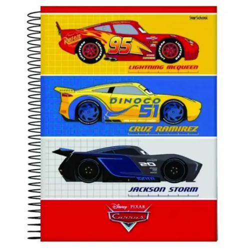 CADERNO 1/4 80 FOLHAS STARSCHOOL CARROS MCQUEEN, RAMIREZ E STORM