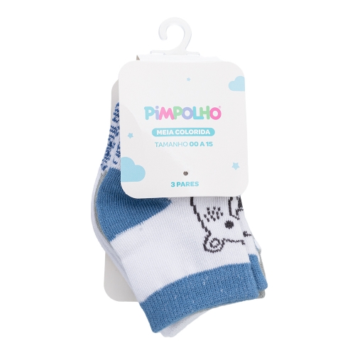 MEIA ESTAMPADA C/3 PARES TAG 00-15 MASC PIMPOLHO AZUL/BRANCO