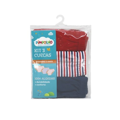 CUECA INFANTIL KIT C/3 PC 03 ANOS MASC PIMPOLHO VERMELHA/BRA