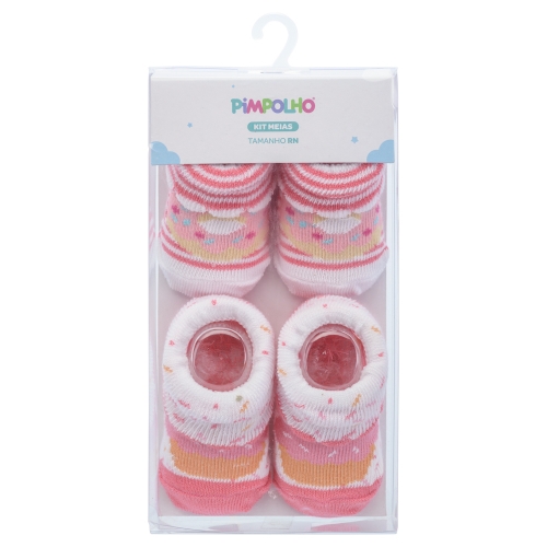 KIT MEIA C/2 PARES RN FEM PIMPOLHO BRANCO CUPCAKE/ROSA DONUT