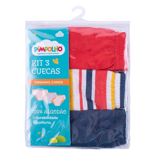 CUECA INFANTIL KIT C/3 PC 02 ANOS MASC PIMPOLHO VERMELHO/LIS