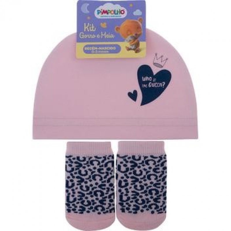 KIT GORRO E MEIA RN FEM PIMPOLHO ROSA/ONÇA