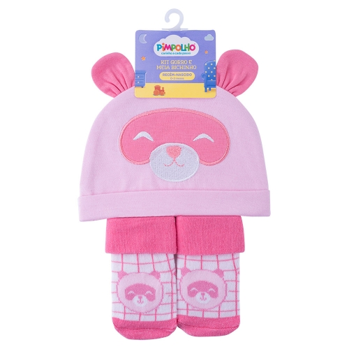 KIT GORRO E MEIA BICHINHO RN FEM PIMPOLHO ROSA/PANDA