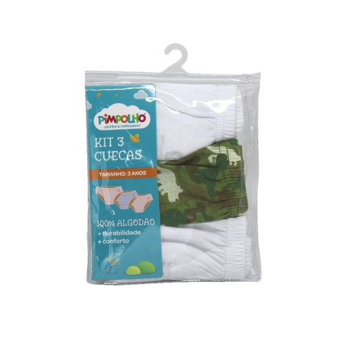 CUECA INFANTIL KIT C/3 PC 03 ANOS MASC PIMPOLHO BRANCA/VERDE