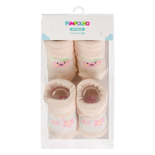 KIT MEIA C/2 PARES RN FEM PIMPOLHO BRANCO FLORES/ROSA COGUME