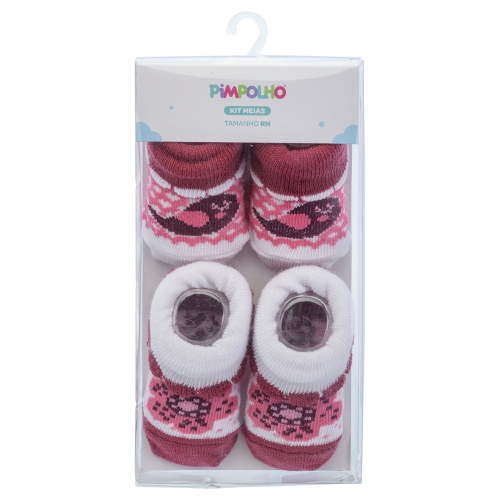 KIT MEIA C/2 PARES RN FEM PIMPOLHO BORDO PASSARO/BRANCO FLOR