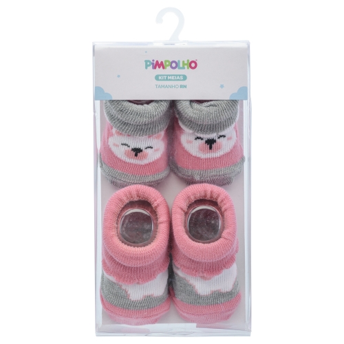 KIT MEIA C/2 PARES RN FEM PIMPOLHO ROSA ELEFANTE/CINZA URSO