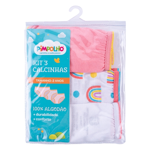 CALCINHA INFANTIL KIT C/3 PC 02 ANOS FEM PIMPOLHO ROSA/BRANC