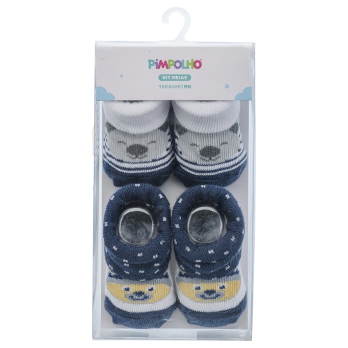 KIT MEIA C/2 PARES RN UNISSEX PIMPOLHO BRANCA URSO/AZUL URSO