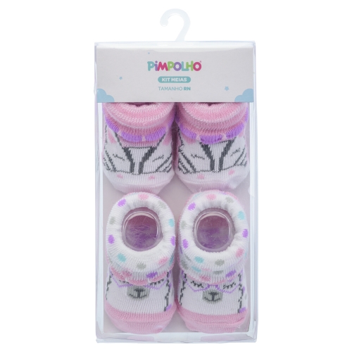 KIT MEIA C/2 PARES RN FEM PIMPOLHO BRANCO LHAMA/ROSA ZEBRA