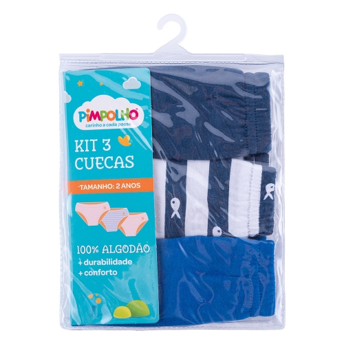 CUECA INFANTIL KIT C/3 PC 02 ANOS MASC PIMPOLHO MARINHO/BRAN