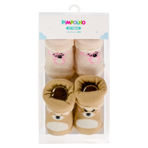 KIT MEIA C/2 PARES RN FEM PIMPOLHO BEGE URSO/BRANCO URSO