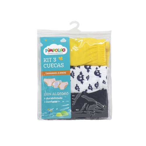 CUECA INFANTIL KIT C/3 PC 03 ANOS MASC PIMPOLHO AMARELA/BRAN