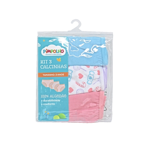 CALCINHA INFANTIL KIT C/3 PC 02 ANOS FEM PIMPOLHO AZUL/BRANC