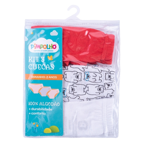 CUECA INFANTIL KIT C/3 PC 02 ANOS MASC PIMPOLHO VERMELHO/BRA