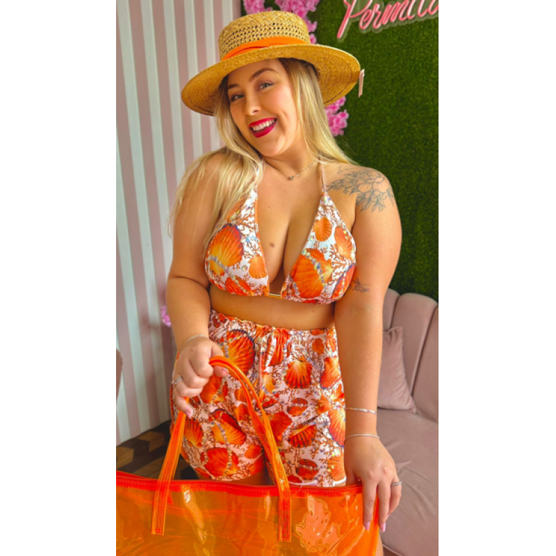 Conjunto Plus Size três peças estampado laranja concha - Cod 1670