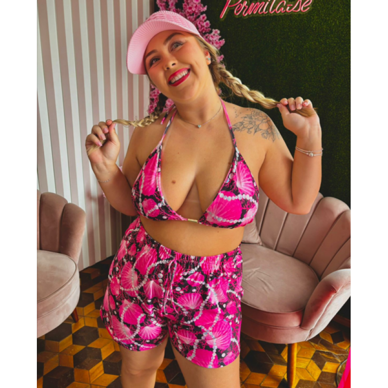 Conjunto Plus Size três peças estampado rosa - Cod 2769