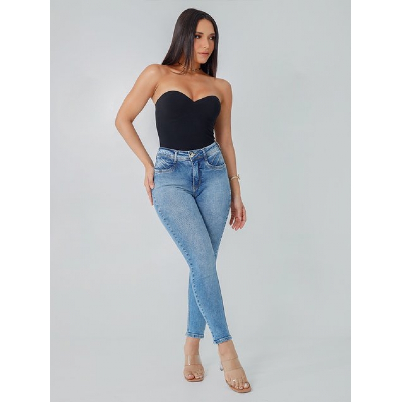 Calça Feminina Jeans Cropped Juliana Modeladora Bolso Drapeado