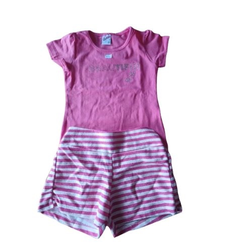 CONJUNTO INFANTIL FEMININA  VERÃO 8 ROSA E SHOTS LISTRA BEGE