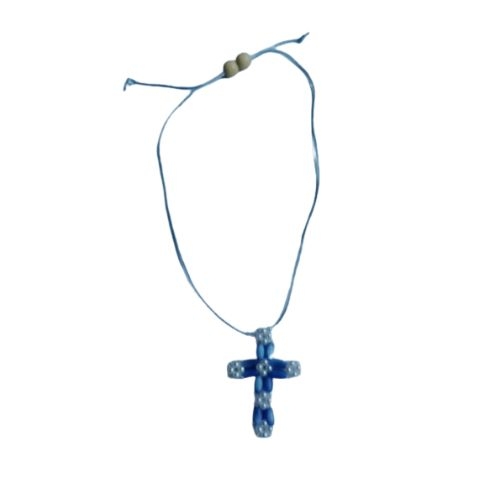 COLAR PINGENTE CRUCIFIXO EM PEROLAS AZUL E BRANCO