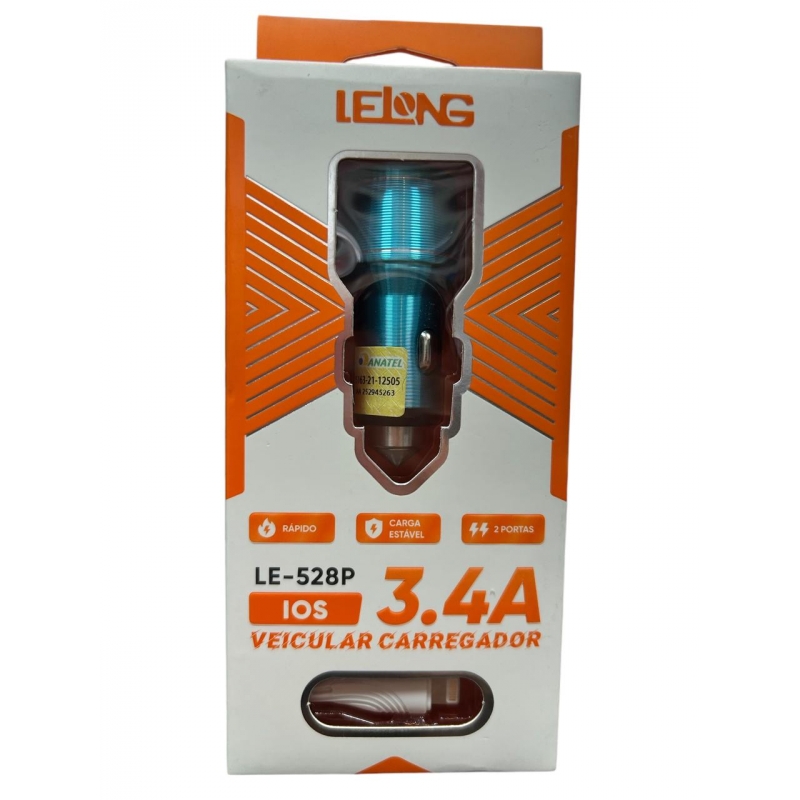 CARREGADOR VEICULAR  LELONG  3.4  USB COM CABO IPHONE  LE-528P