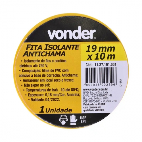 FITA ISOLANTE ANTICHAMAS VONDER 10M AMARELO