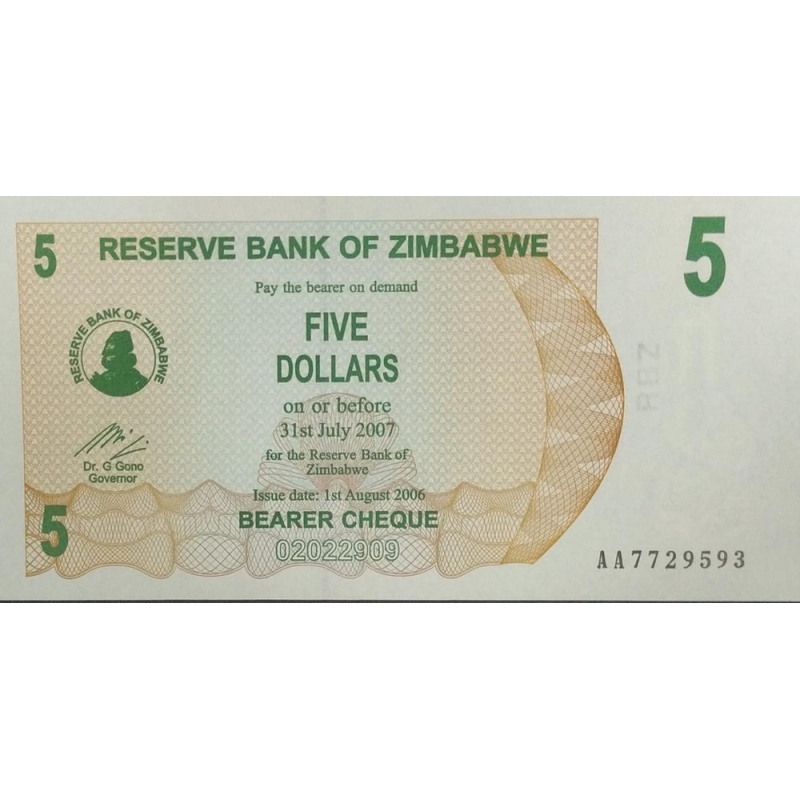 ZIMBABUE-CEDULA DE FIVE DOLLARS (5 DOLLARS) DE 2017 FLOR DE ESTAMPA